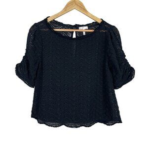 JOIE FANNY B BLACK EYELET PUFF SLEEVE SILK TOP